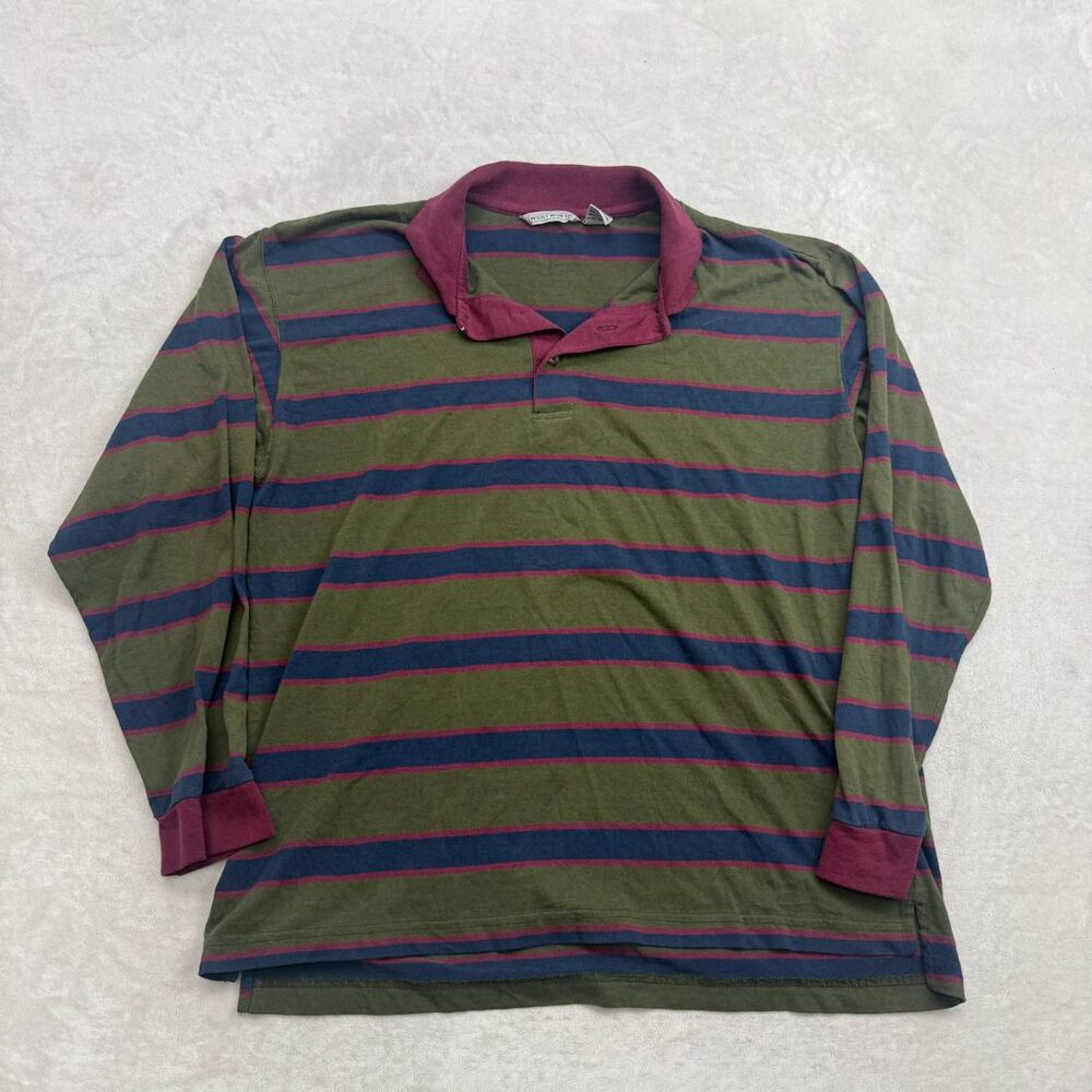 Wentworth Men's Long Sleeve Polo Shirt Green Blue Burgundy Stripe Size L 90s